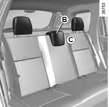 To remove the headrests A or B Raise the headrest as far as it will go, then press button 1 and remove the headrest. To adjust the height of the headrest A (depending on vehicle) Press the button 1 and simultaneously slide the headrest to the desired height. To reinstall the headrests A or B Insert the rods in the holes, press button 1, lower the headrest and check that it is securely in place. 3.16