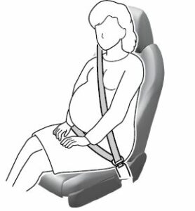 Pregnant women should always wear seat belts. Ask your doctor for speciﬁc recommendations.
The lap belt should be worn SNUGLY AND AS LOW AS POSSIBLE OVER THE HIPS.
The shoulder belt should be worn across your shoulder properly, but never across the stomach area. Persons with serious medical conditions also should wear seat belts. Check with your doctor for any special instructions regarding speciﬁc medical conditions.