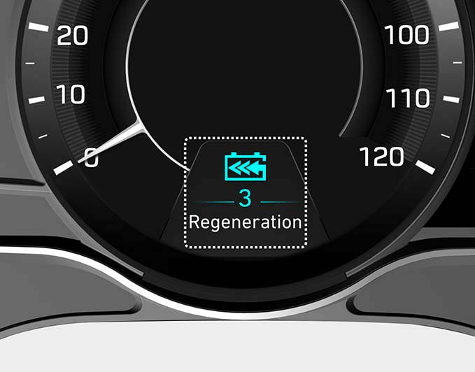 The level of regenerative braking can be selected by using the paddle shifters on the steering wheel. The level (0 to 3) is displayed in the lower portion of the cluster LCD display.
For more details, refer to “Regenerative Braking System” in chapter 5.